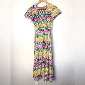 Vilagallo Colorful Wrap Midi Dress Womens 8 Resortwear Rainbow Maximalism Beach